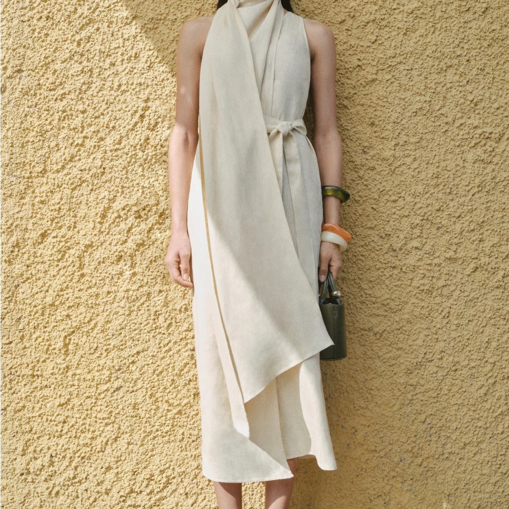 Mango 2025 BELT LINEN DRESS Cream Sleeveless Dress scarf wrap 6
